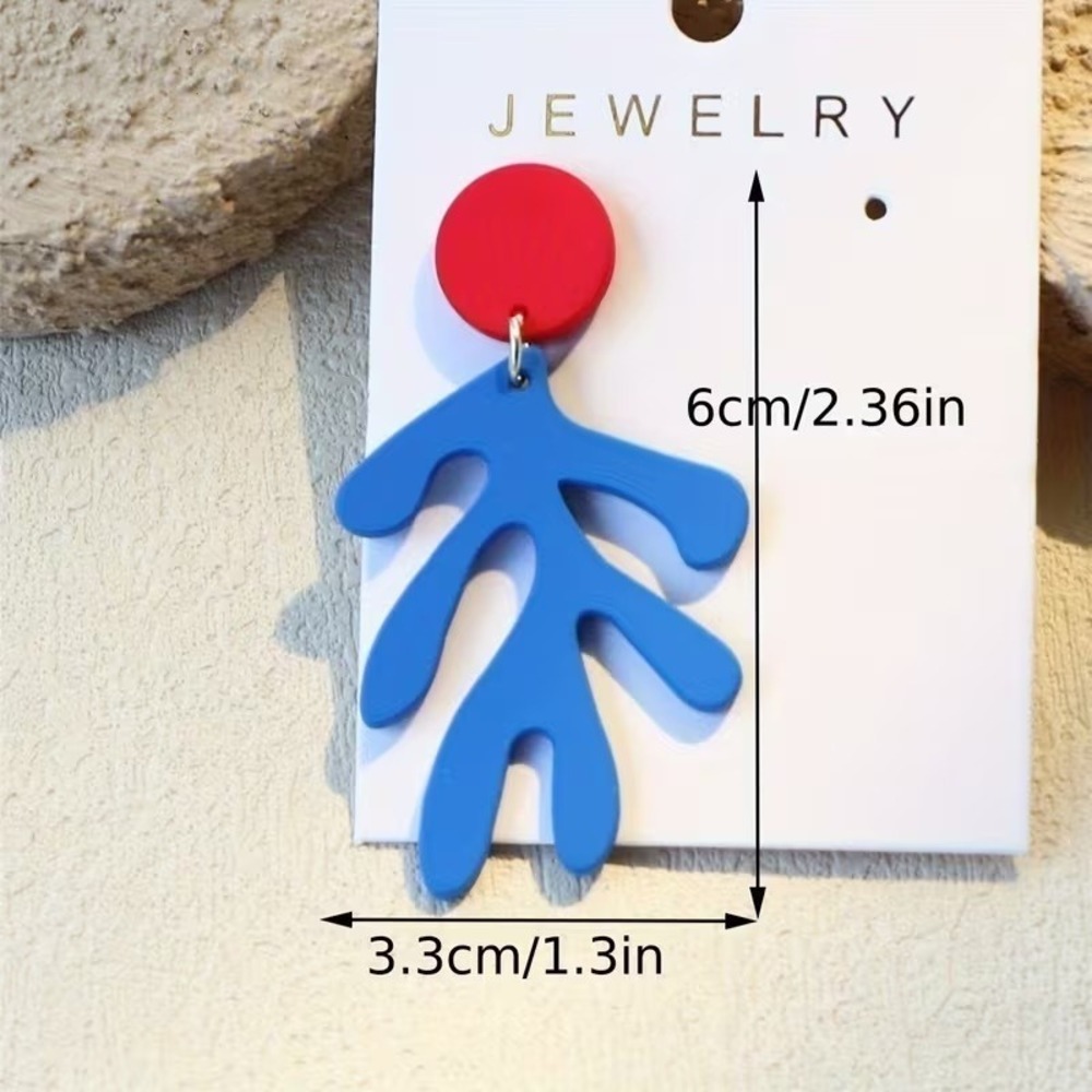 Abstract Matisse Inspired Blue Coral Red Stud Acrylic Drop Earrings Statement - Picture 2 of 2